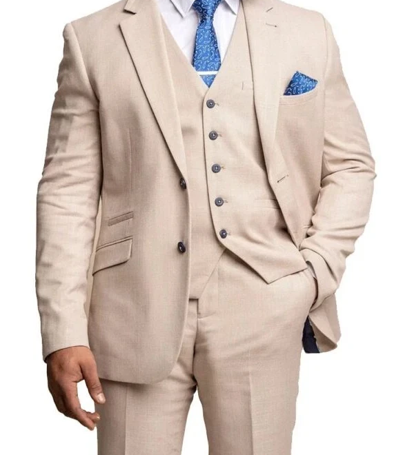 Men Beige Notch Lapel Three Piece Suit – A Perfect Blend of Modern Elegance and Classic Style