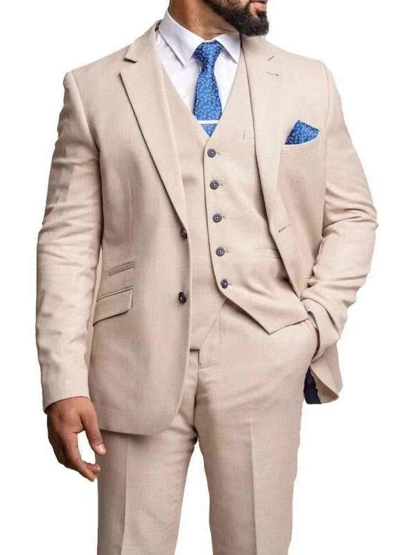 Men Beige Notch Lapel Three Piece Suit – A Perfect Blend of Modern Elegance and Classic Style